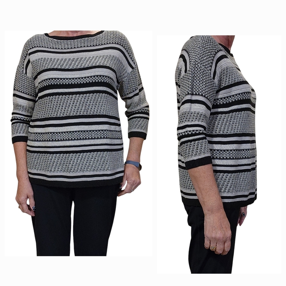J. Jill Cotton Linen Striped Loose-knit sweater w/ 3/4 sleeves, sz M